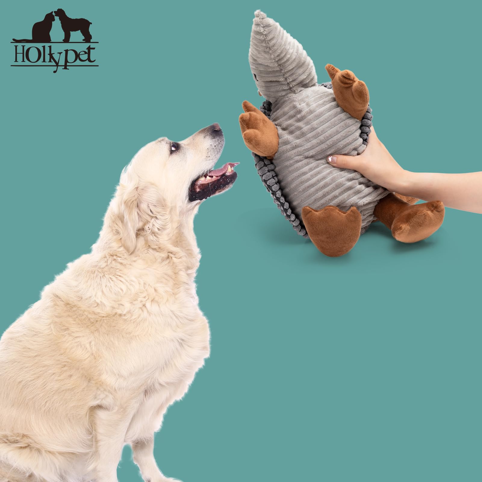 Hollypet Armadillo squeaky toy is durable for indoor and outdoor fun.