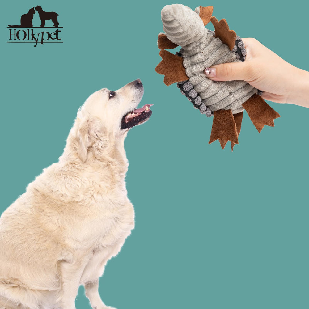 Hollypet Armadillo plush toy in tossing pose for fetch and retrieve fun.