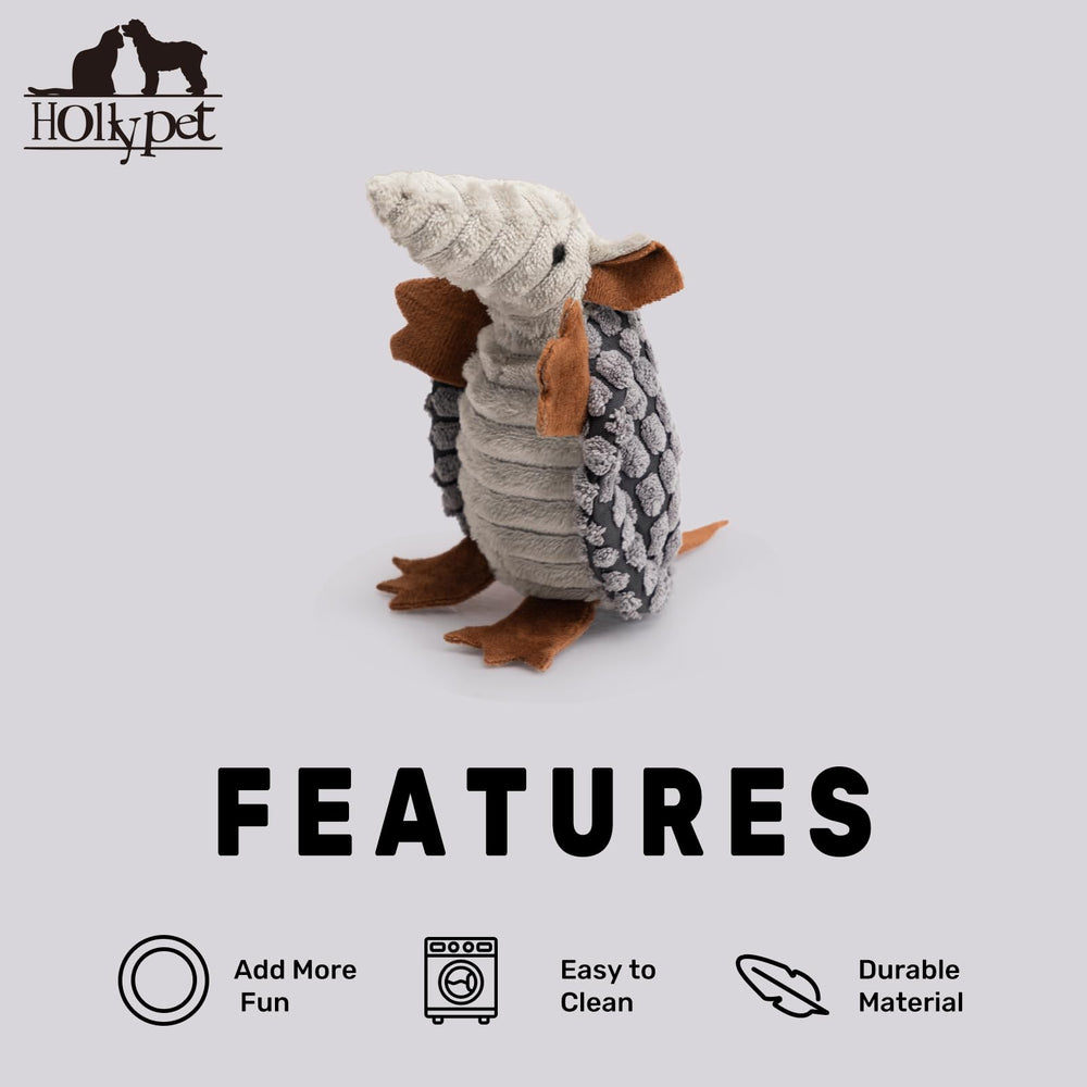 Hollypet Armadillo plush toy packaging highlighting replacement policy.