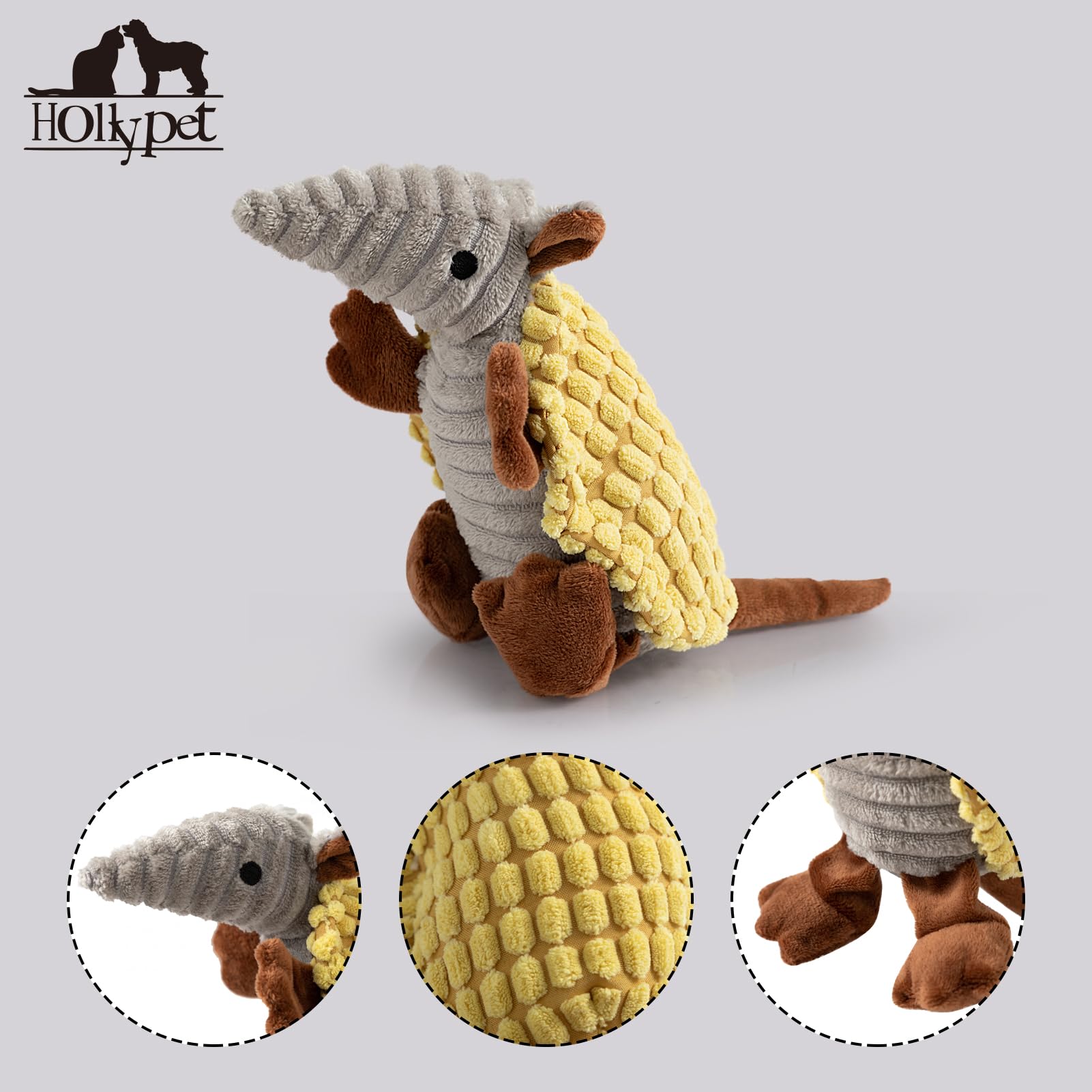 Hollypet Armadillo plush toy with textured surface massages gums during play