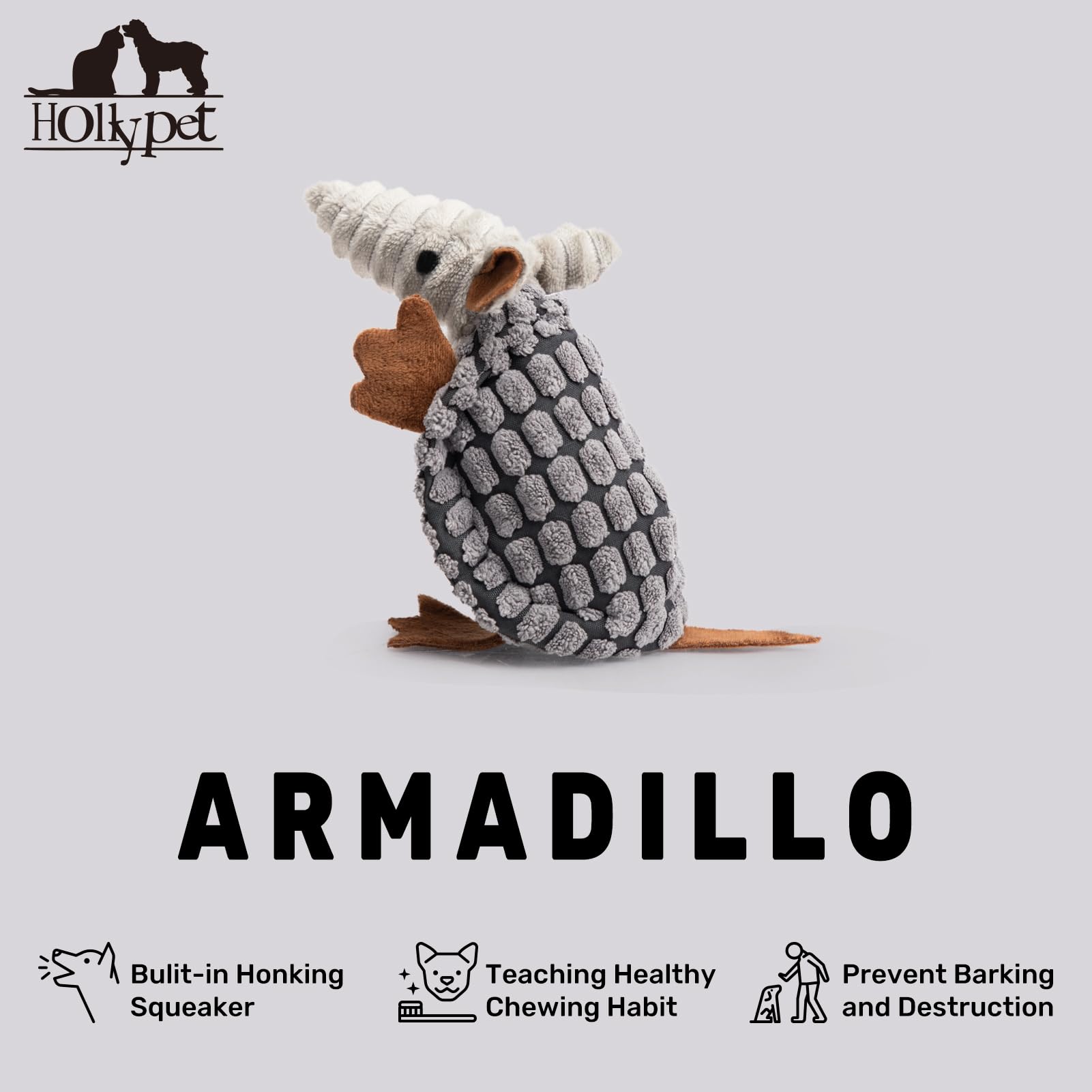 Hollypet Armadillo plush toy textured surface for gum massage during play.