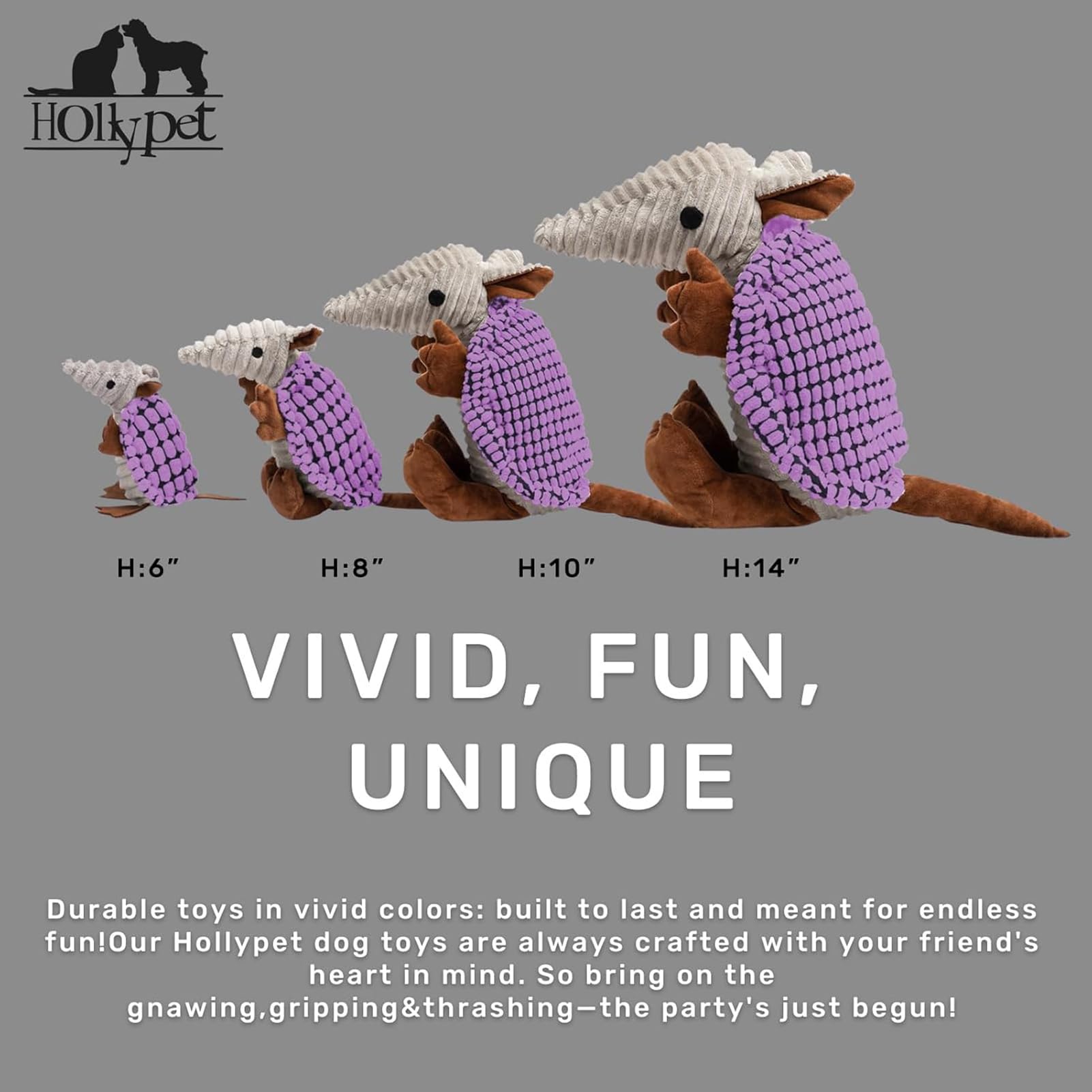 Hollypet Armadillo squeak toy purple features a unique grunt for interactive play.