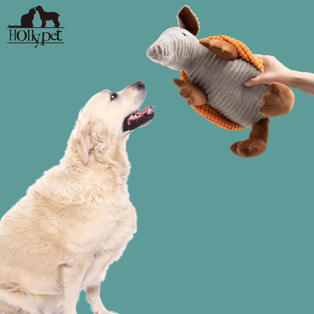 Hollypet armadillo close-up fabric design highlighting durable, cuddle-ready exterior.