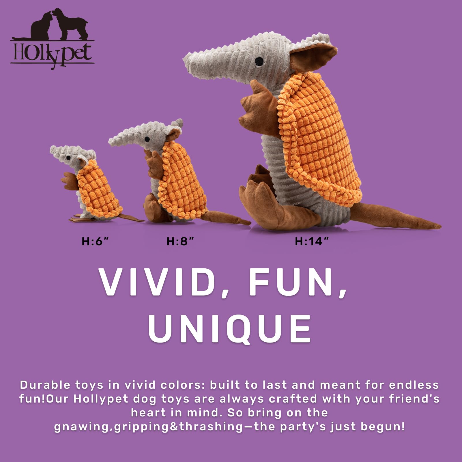 Hollypet armadillo toy in bright color variation for matching your pup personality.