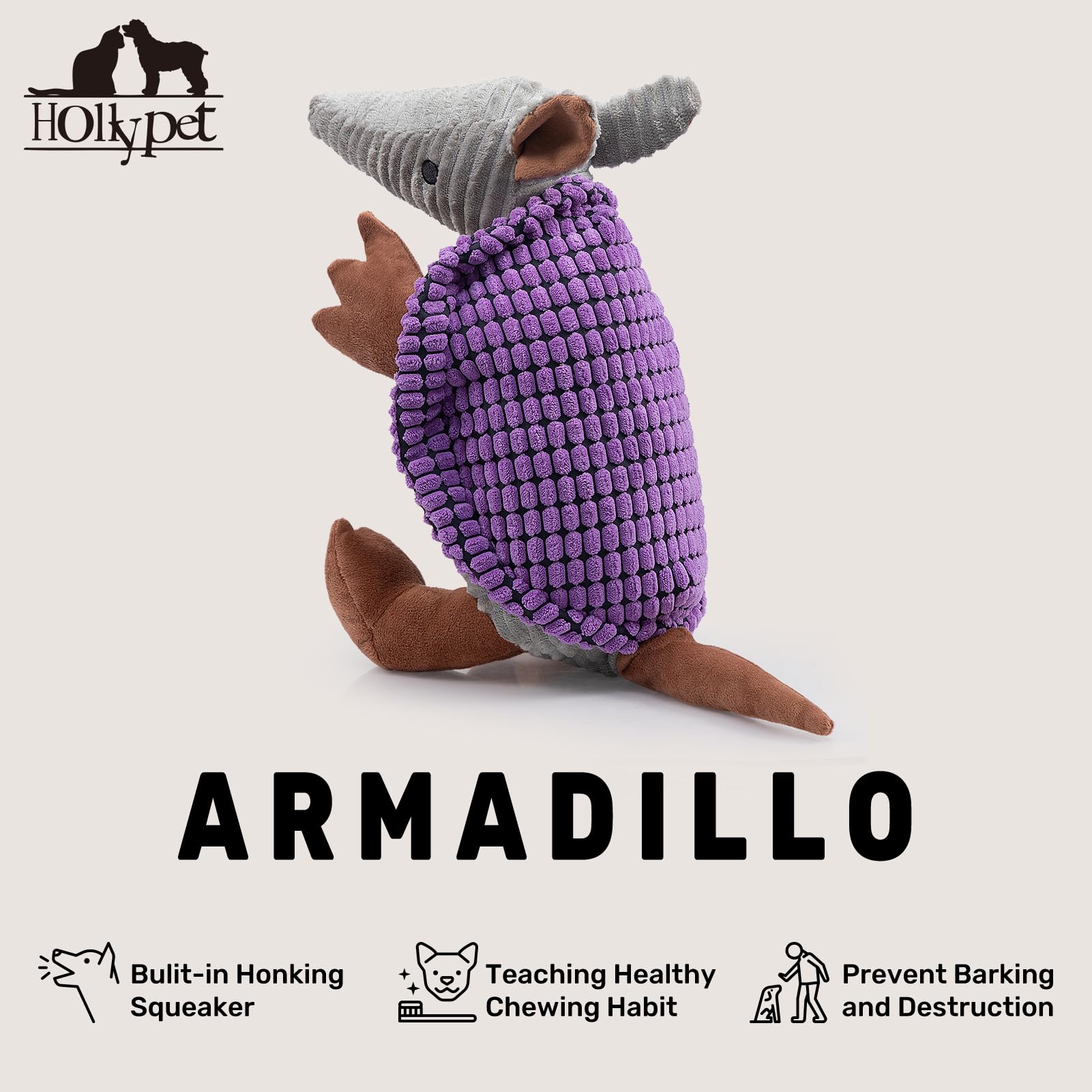 Hollypet Armadillo plush toy purple uses durable materials for long-lasting play.