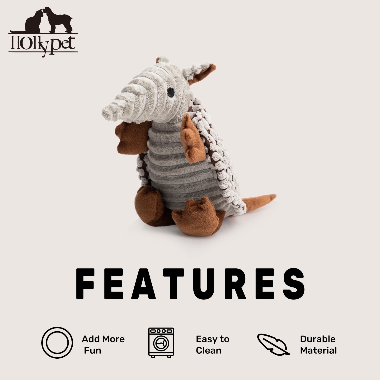 Hollypet Armadillo plush toy gray for indoor toss and retrieve.