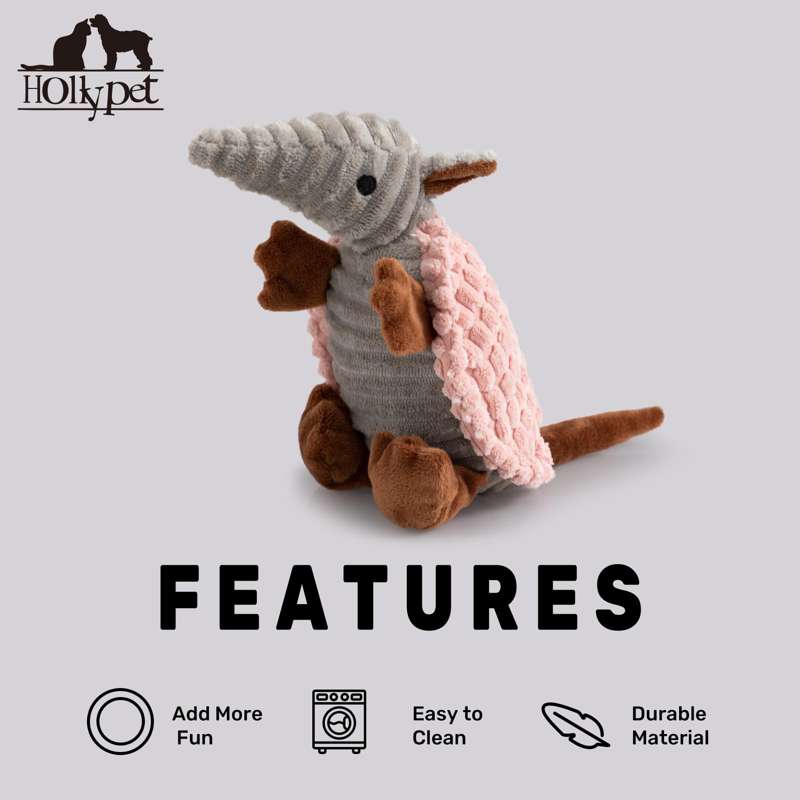 Hollypet Armadillo toy in hand display for size reference and care guidance