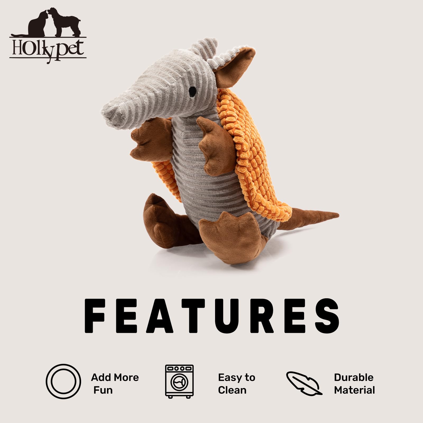 Hollypet armadillo toy indoors with dog for stress-relief playtime.