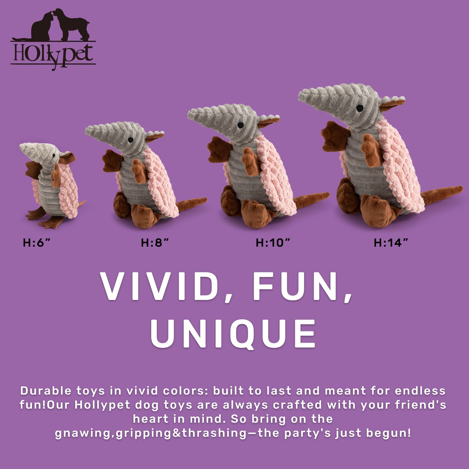 Hollypet Armadillo toy side view showing durable stitching for long-lasting fun