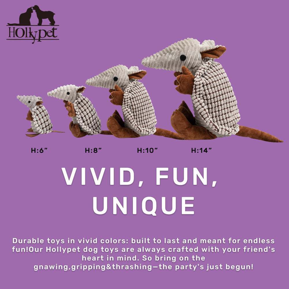 Hollypet Armadillo toy squeak action highlighting a unique grunt sound during fetch.
