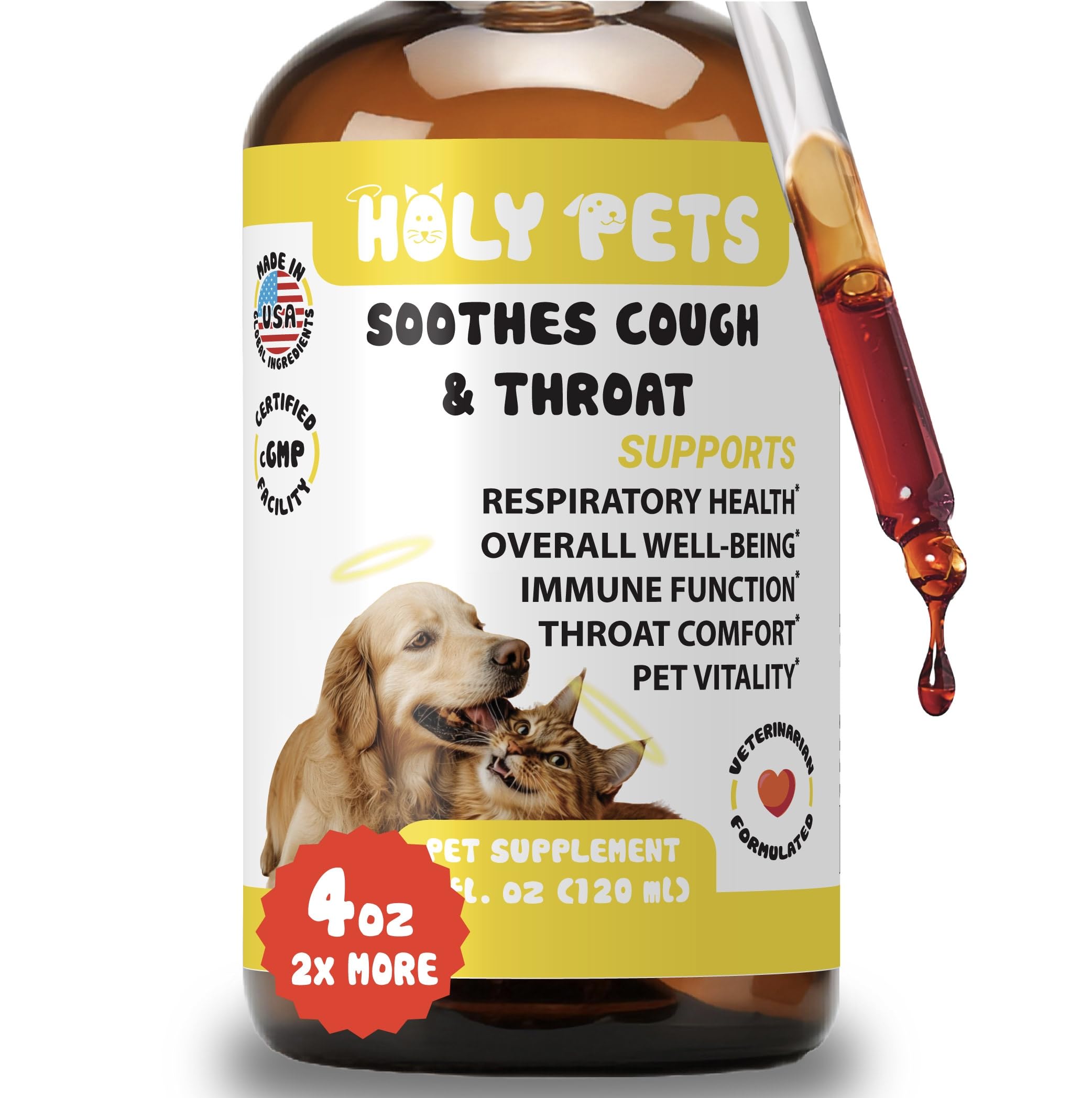Holy Pets cough medicine 4oz bottle supports pet respiratory comfort.