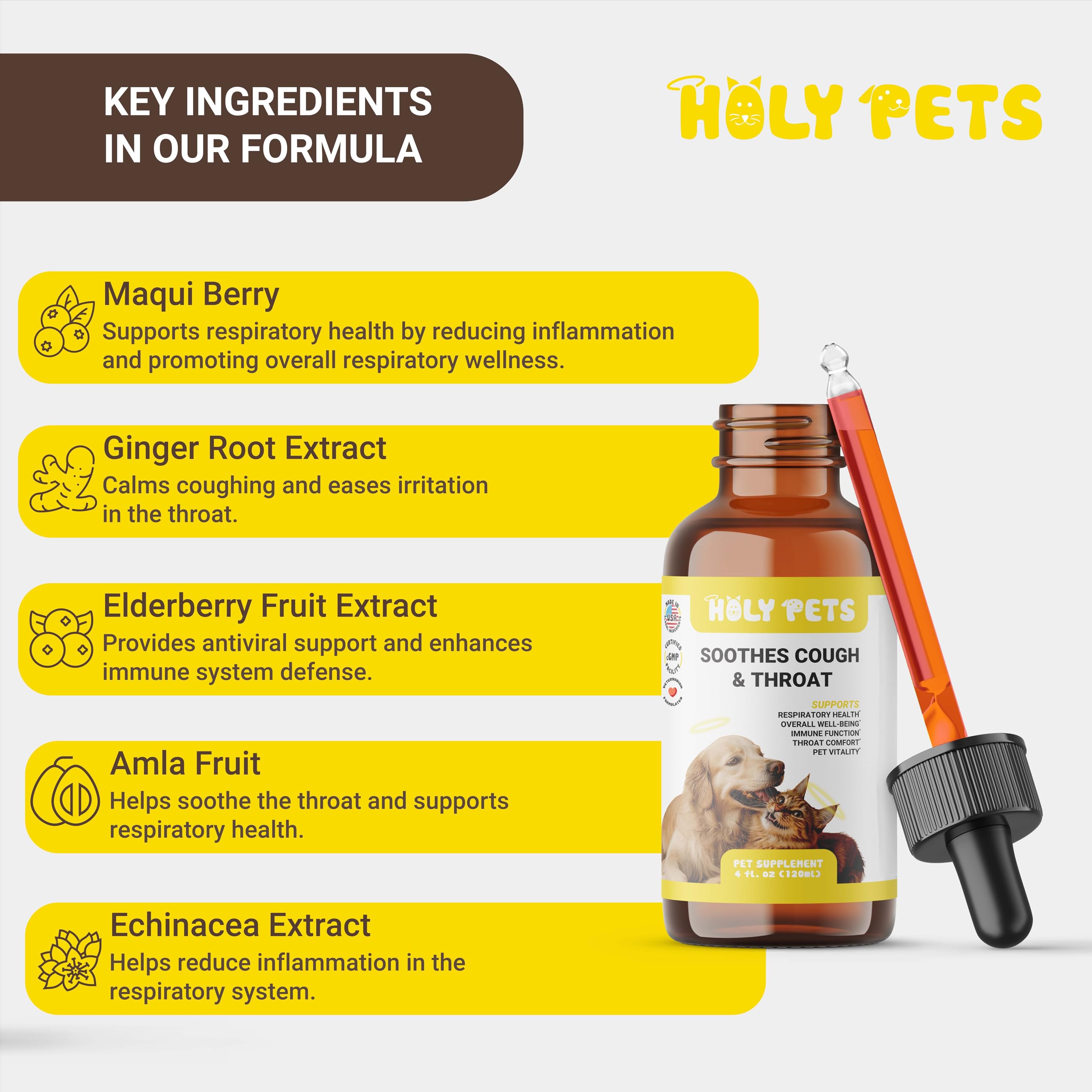 Holy Pets cough medicine drops for easy dosing and relief.