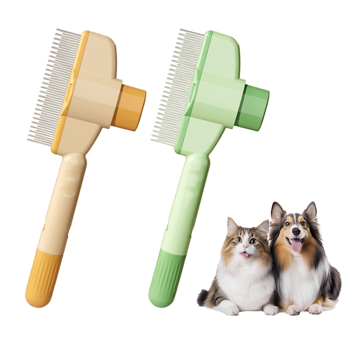 Holyenten two-pack pet hair removal combs in green yellow for cats and dogs—efficient fur removal.