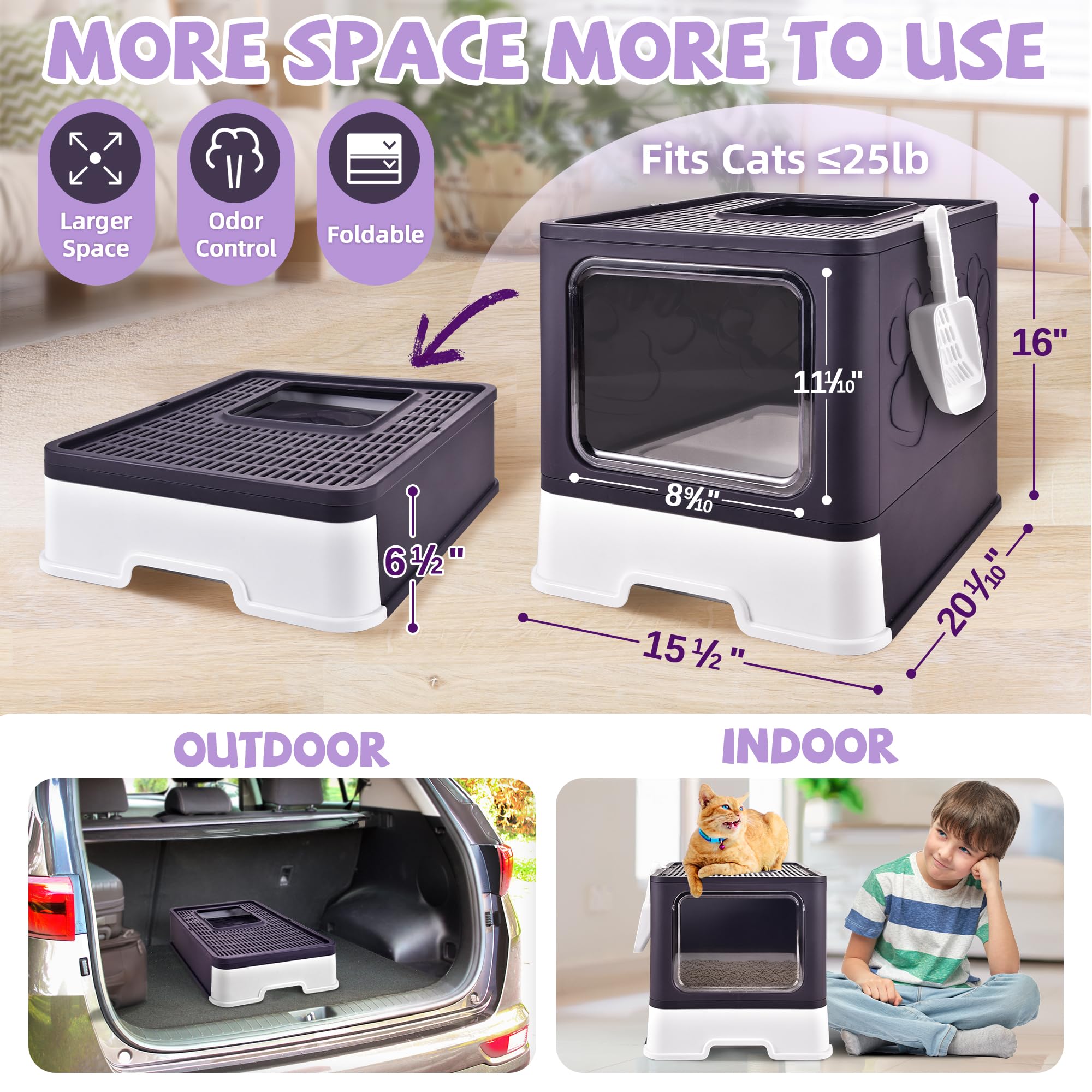 Homagico purple drawer-style litter box with lid, open for easy scoop access