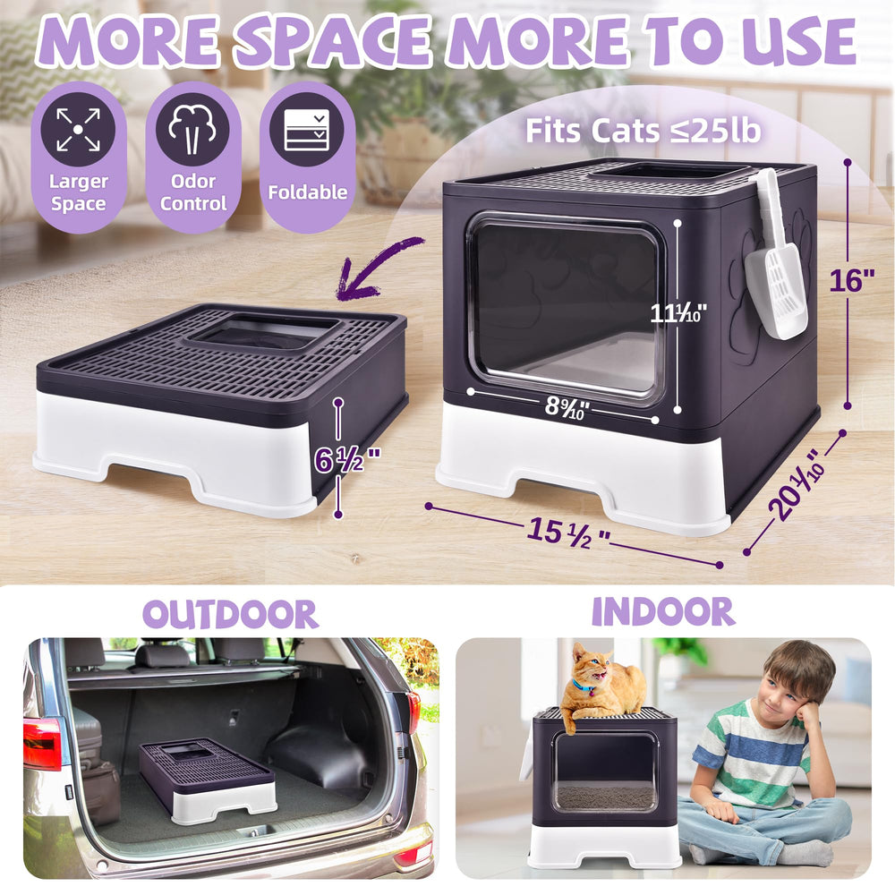 Homagico purple drawer-style litter box with lid, open for easy scoop access