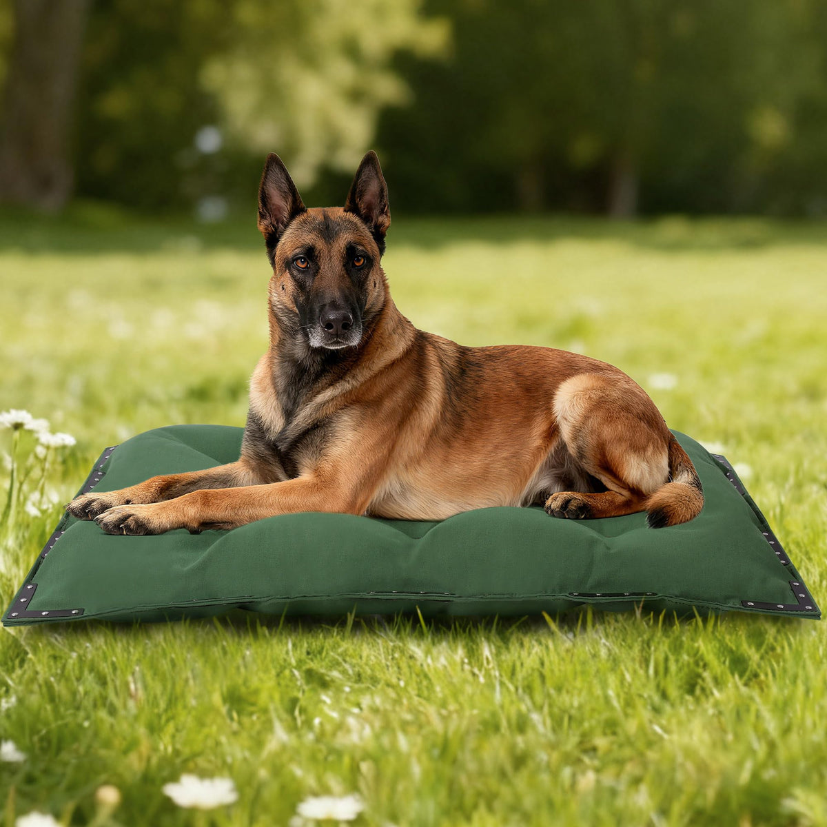 HOMBYS durable canvas outdoor dog bed green front view highlights spacious comfort for large dogs.