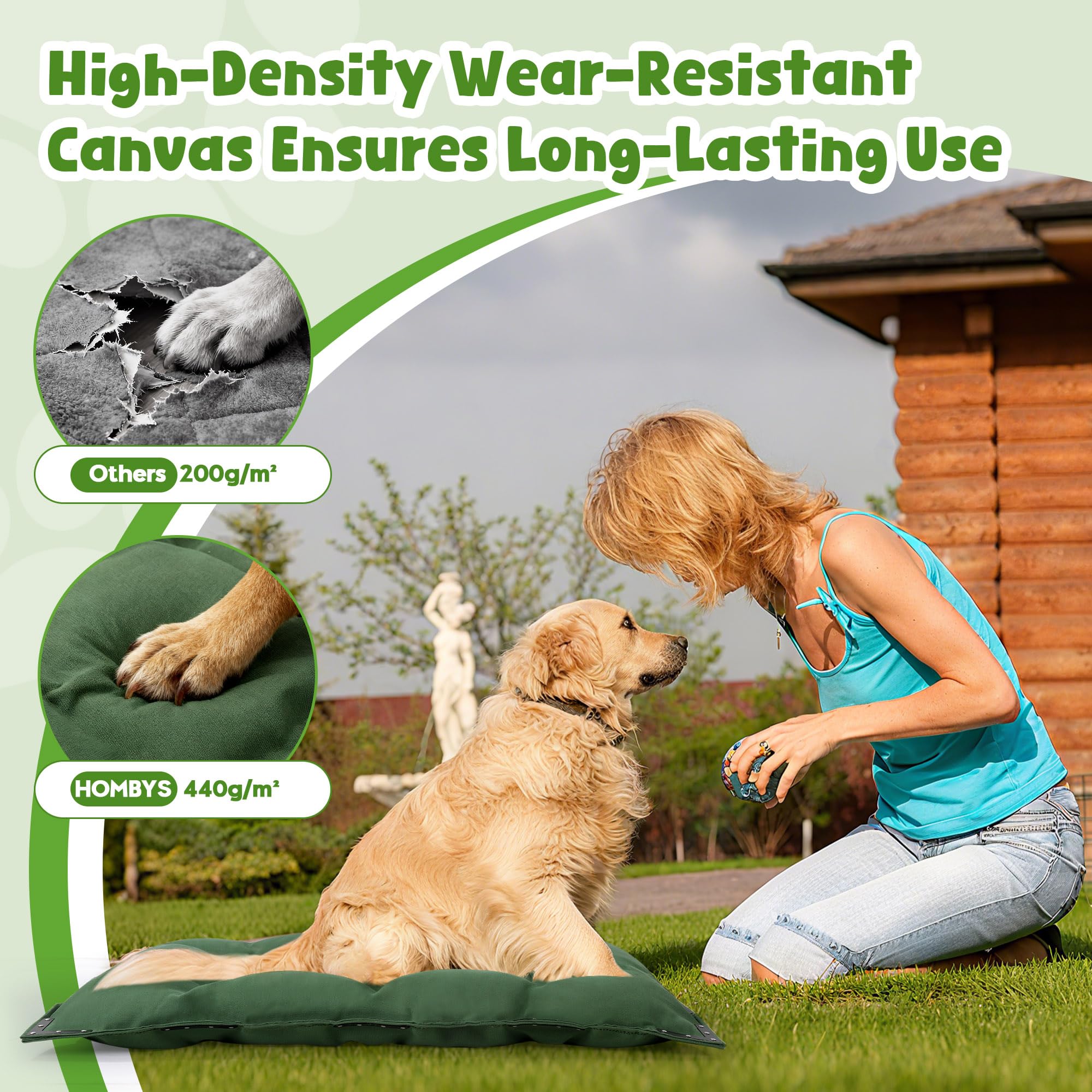 HOMBYS durable canvas outdoor dog bed with metal rivets detail, reinforced seams for durability.