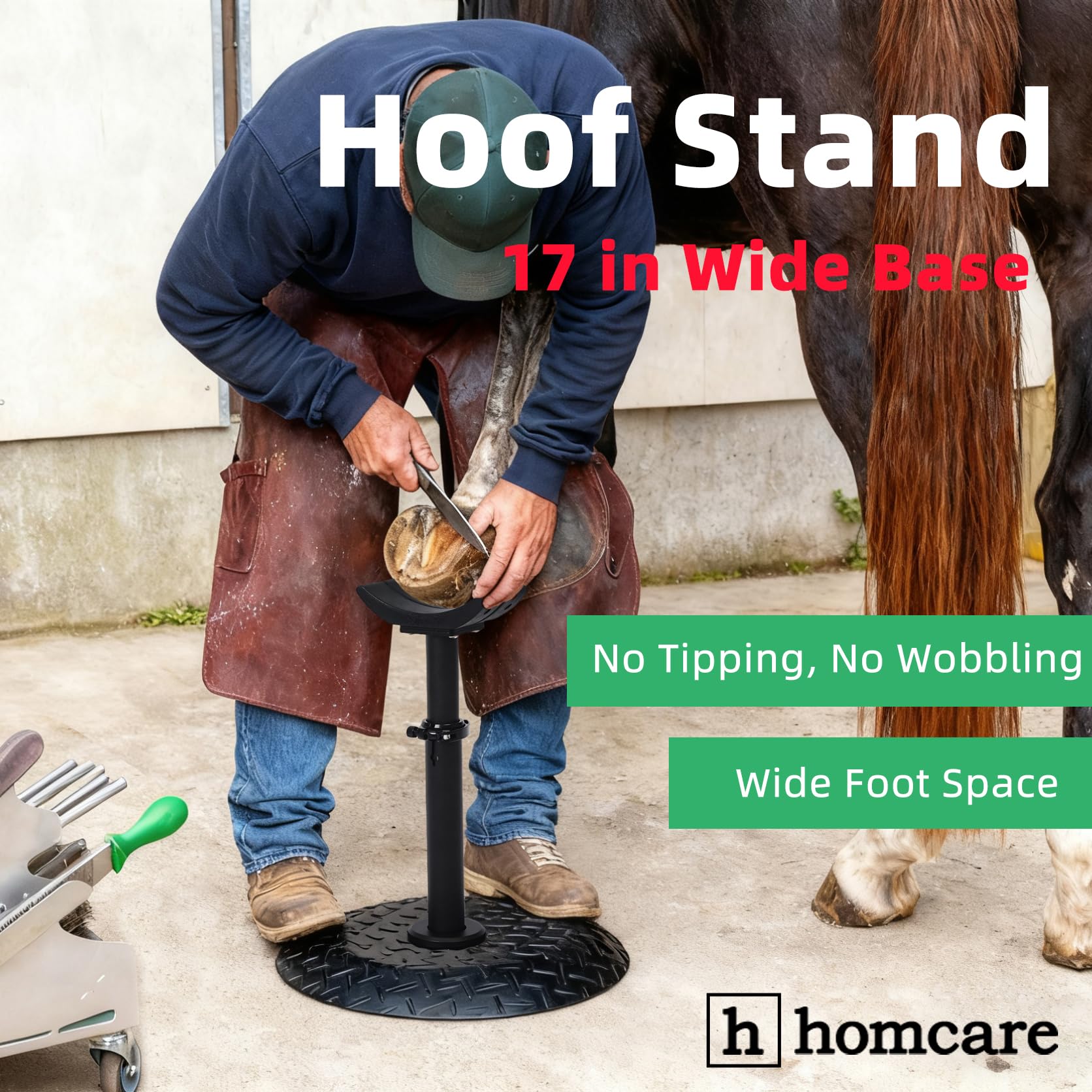 Homcare Horse Hoof Stand sturdy metal frame supports hoof care tasks safely.