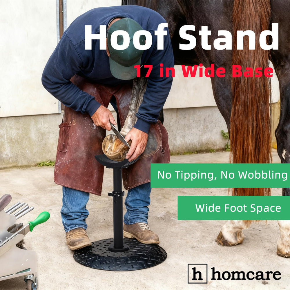 Homcare Horse Hoof Stand sturdy metal frame supports hoof care tasks safely.
