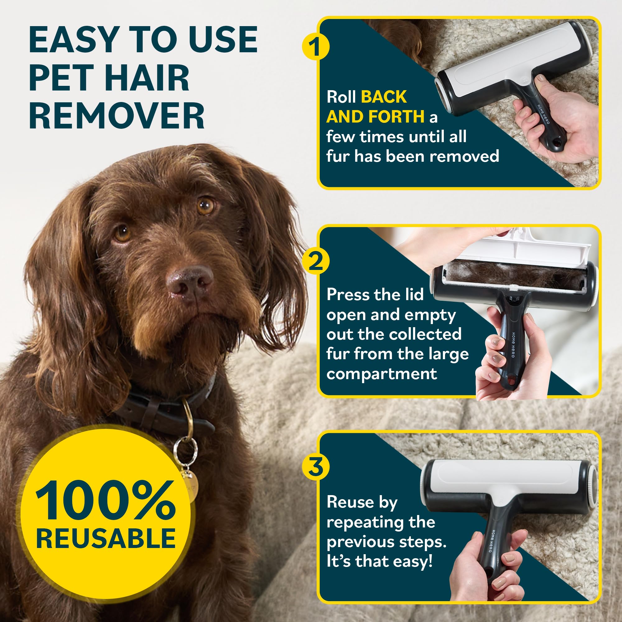 Home Hero Pet Hair Remover Tool with reusable lint roller for pet fur collection