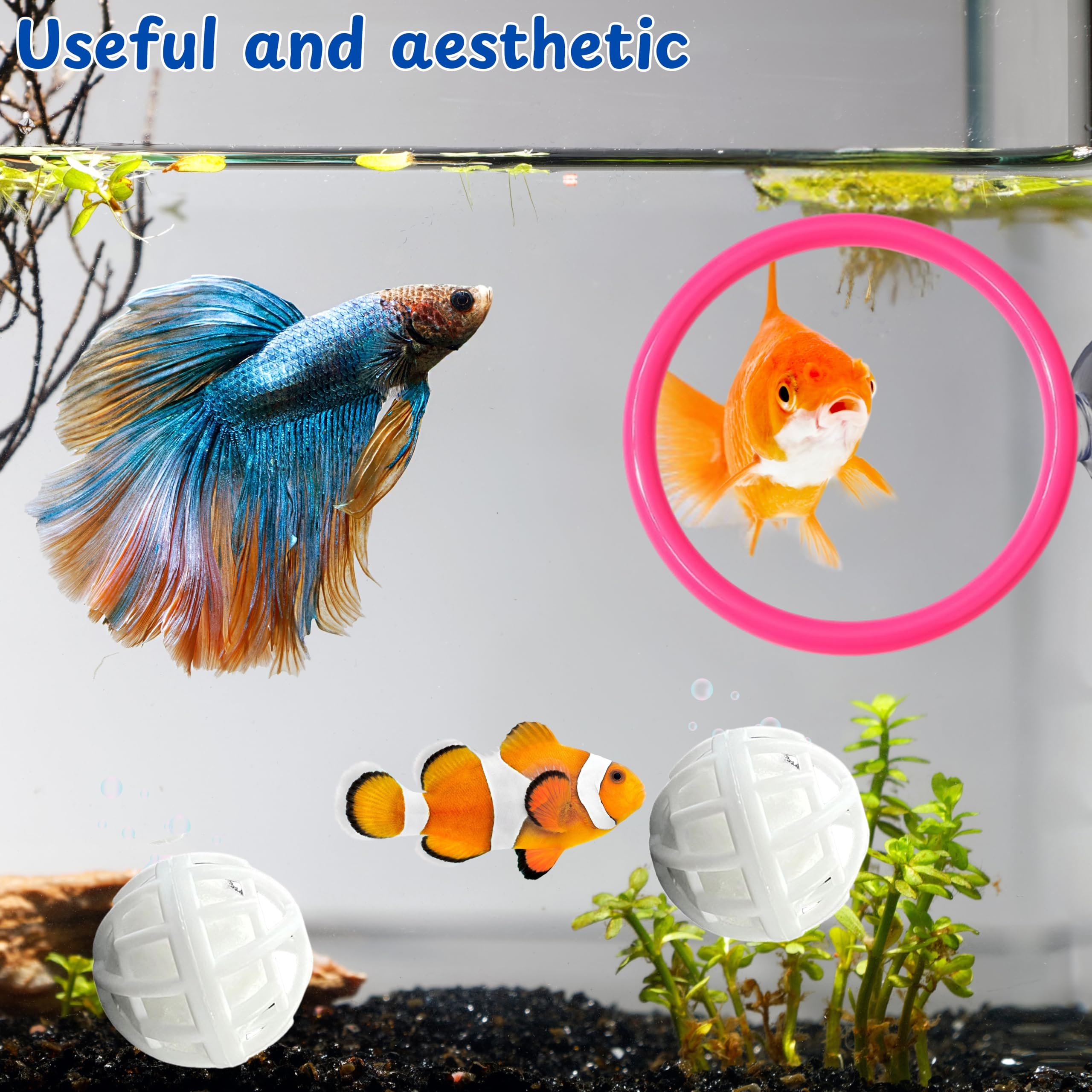 Homedy Crafts Betta Ring pink filter balls in action suggest cleaner water dynamics.