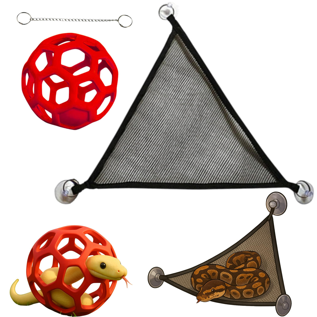 Homedy Crafts snake enrichment ball and hammock red promote active climbing for small snakes.