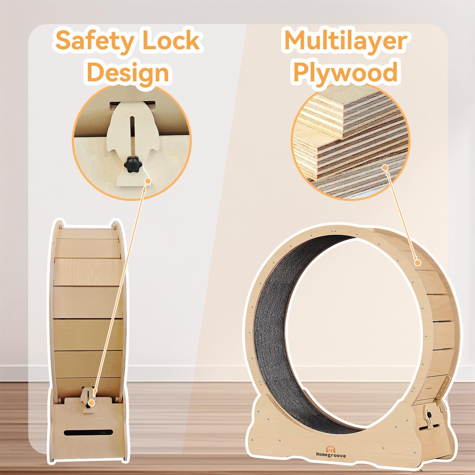 Homegroove cat wheel with quiet, noise-reducing wheels for indoor use