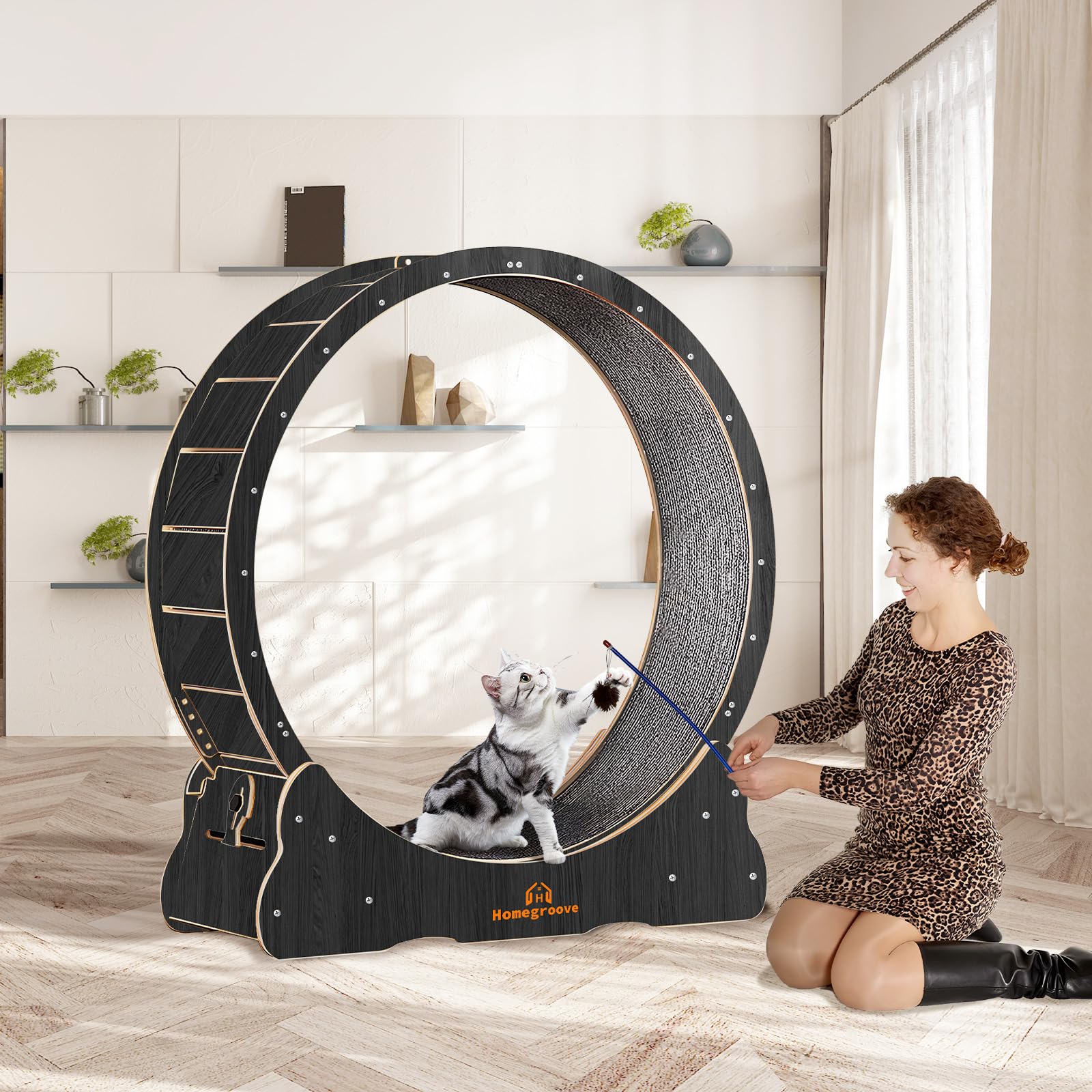 Homegroove Cat Wheel wooden base detail shows rounded edges for safety