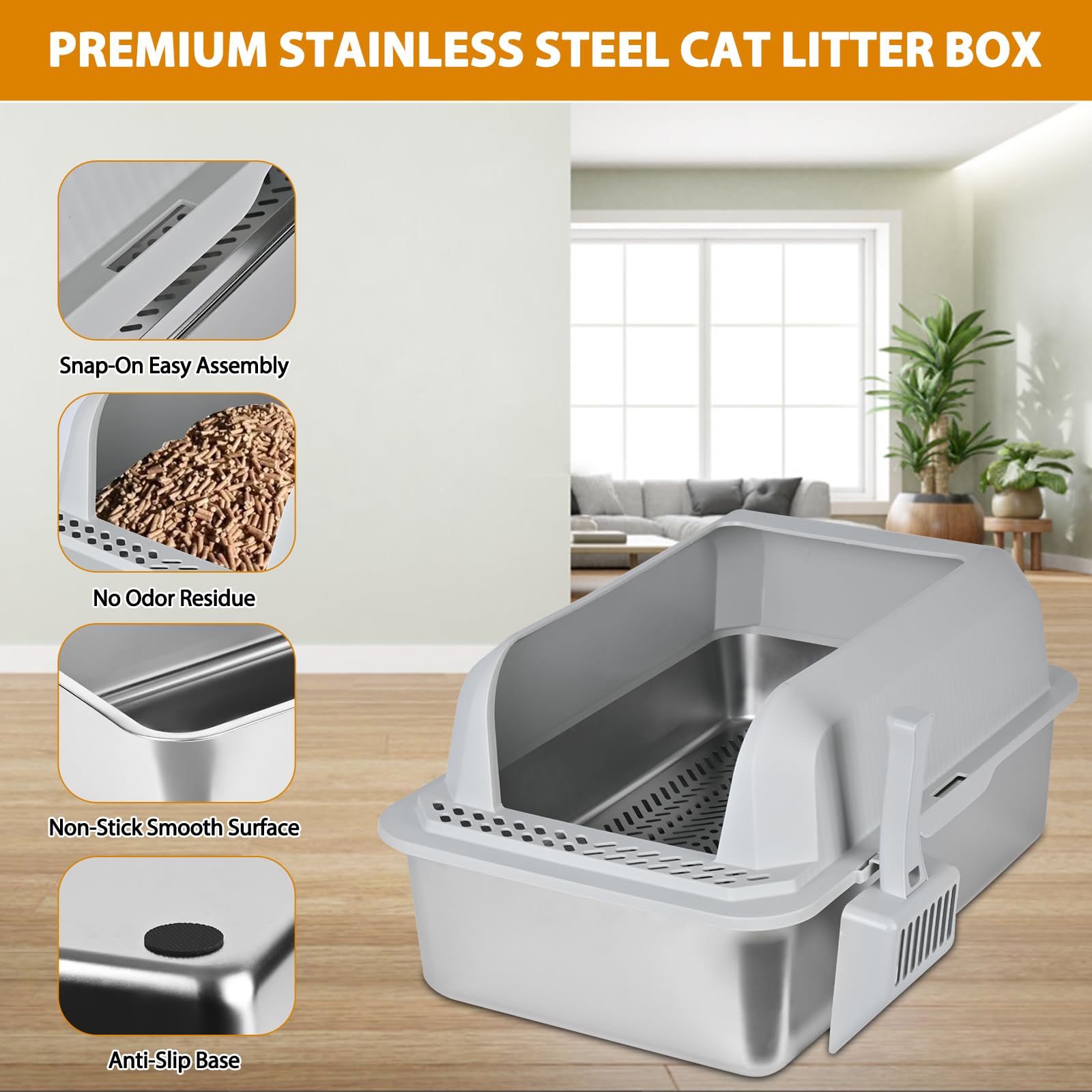 Homegroove odor-control stainless steel surface for a fresher litter area