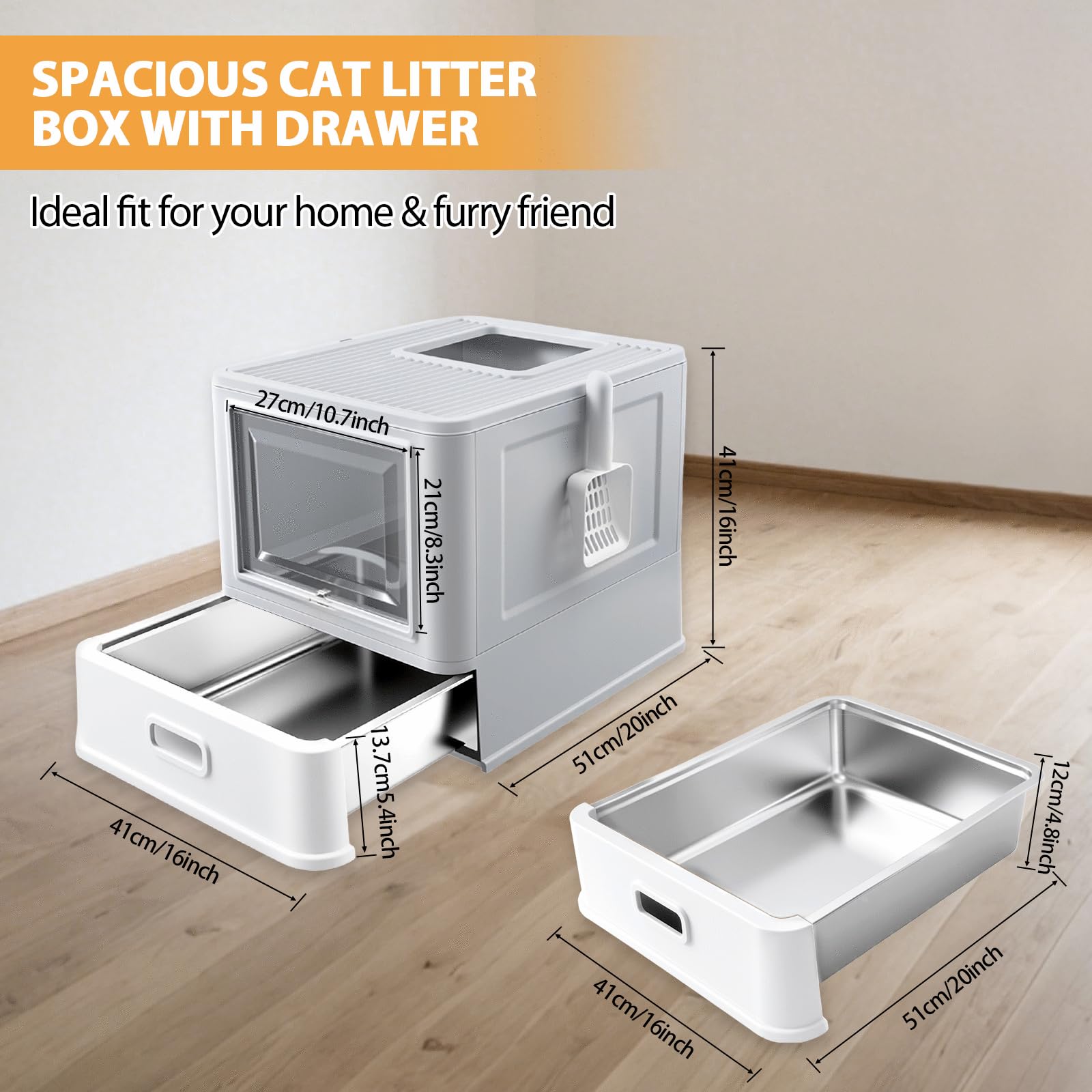 Homegroove stainless steel litter box drawer open shows deep pan for easier cleaning