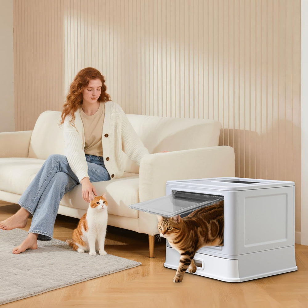 Homegroove side view of stainless steel litter box with drawer and lid