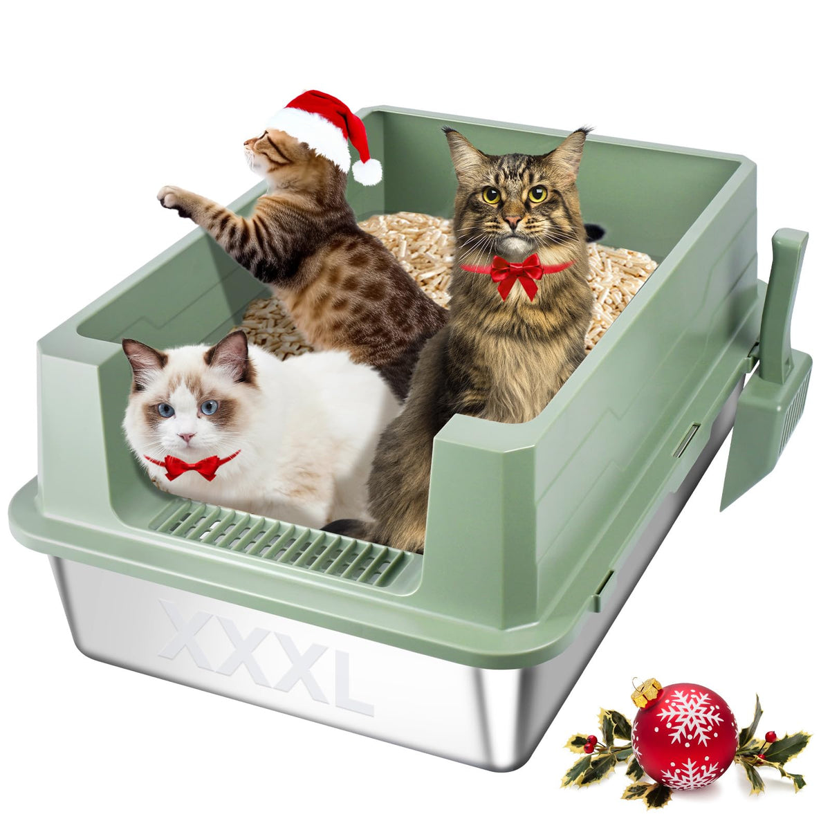 Homegroove XXXL stainless litter box with high sides keeps big cats contained for a tidy home.