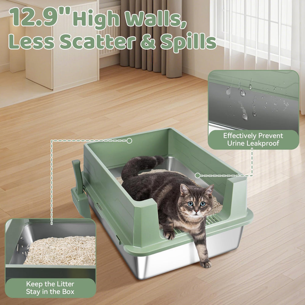 Homegroove XXXL stainless litter box side-wall view shows sturdy construction.