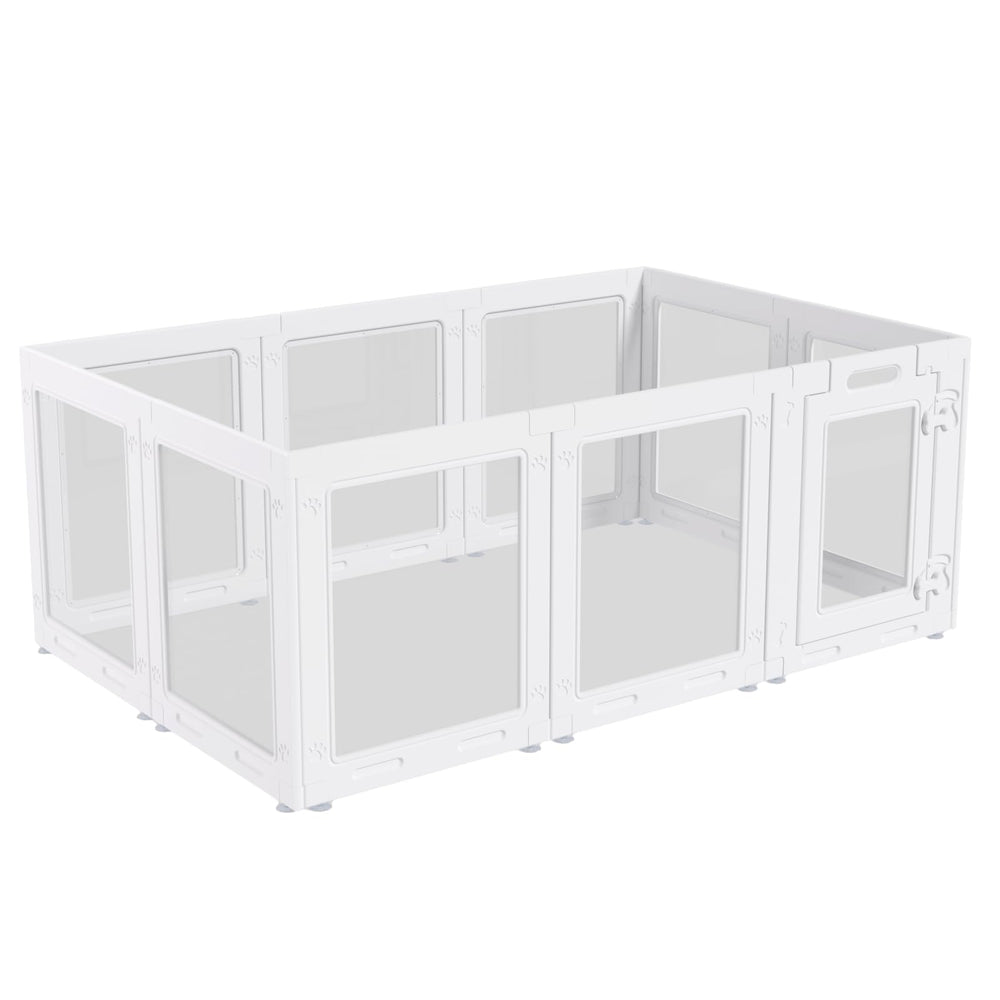 Homelio clear acrylic dog playpen configuration setup supports multiple shapes for room layouts.