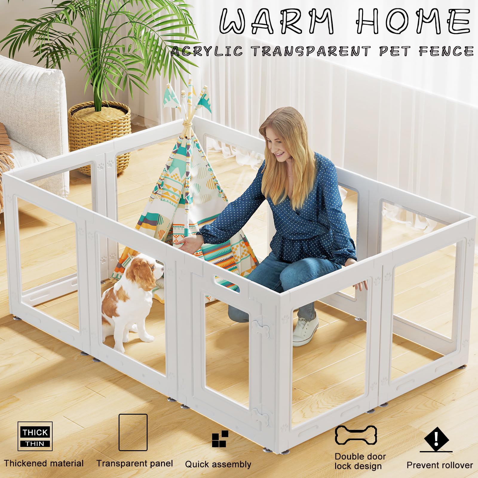 Homelio clear acrylic dog playpen door latch front view demonstrates secure entry for safe supervision.