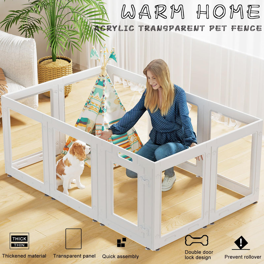 Homelio clear acrylic dog playpen door latch front view demonstrates secure entry for safe supervision.