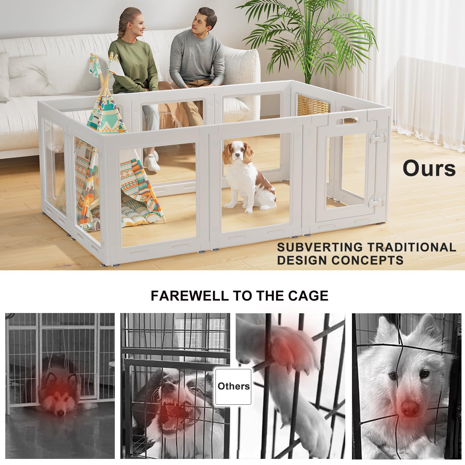 Homelio clear acrylic dog playpen easy-clean non-toxic material wipes clean after messes.