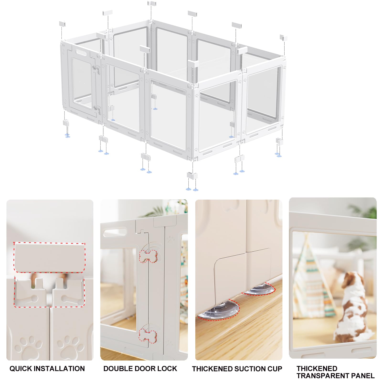 Homelio clear acrylic dog playpen interlocking panel enables versatile configurations to fit rooms.