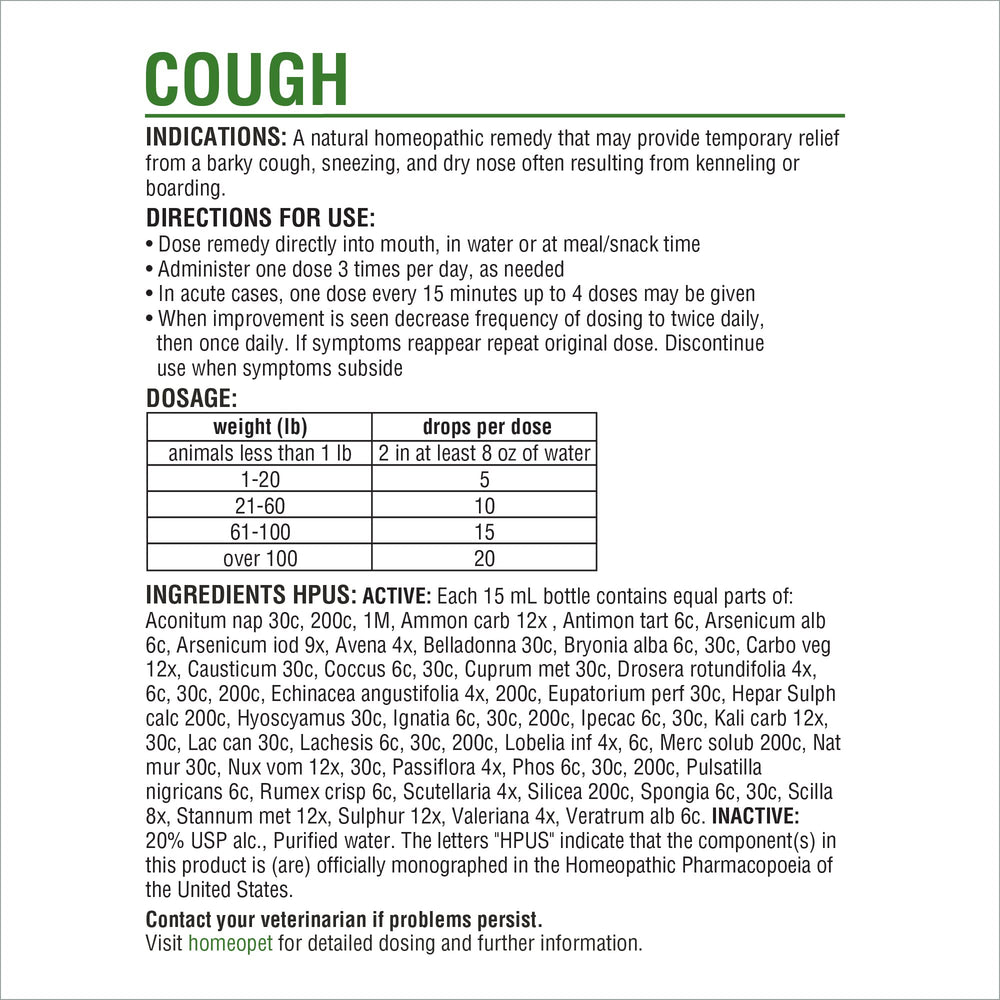 HomeoPet Cough supports dogs, cats, and small pets.