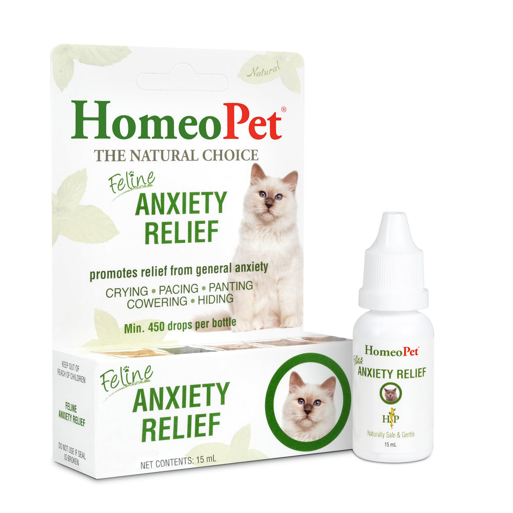 HomeoPet Feline Anxiety Relief bottle provides gentle calming support for anxious cats.