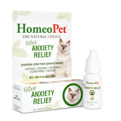 HomeoPet Feline Anxiety Relief bottle provides gentle calming support for anxious cats.