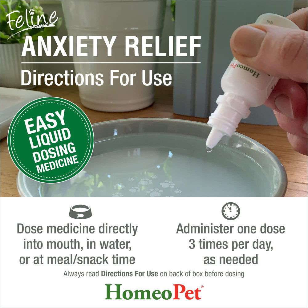 HomeoPet Feline Anxiety Relief meal-time dosing supports calm cats at feeding.