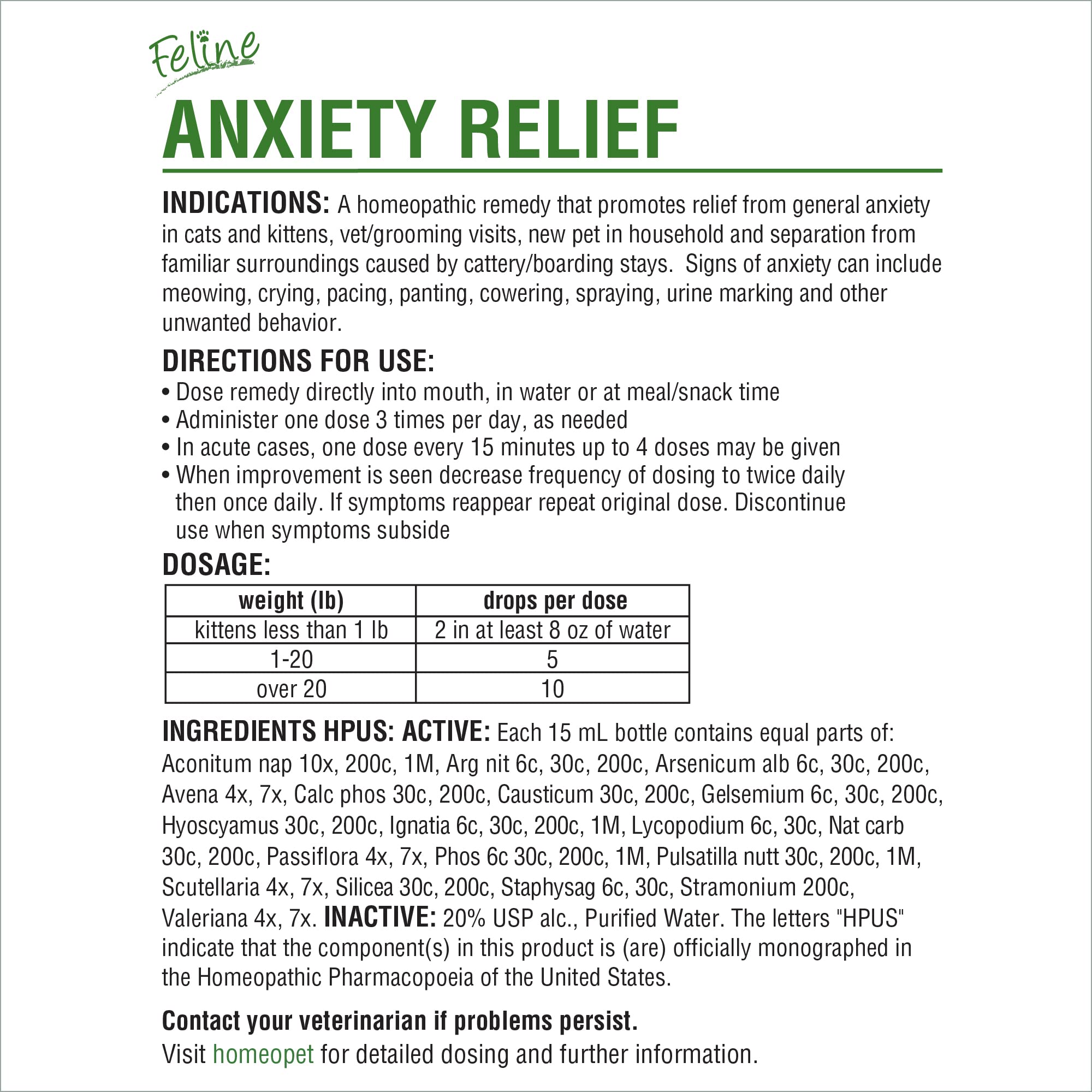HomeoPet Feline Anxiety Relief packaging highlights safe, natural ingredients.