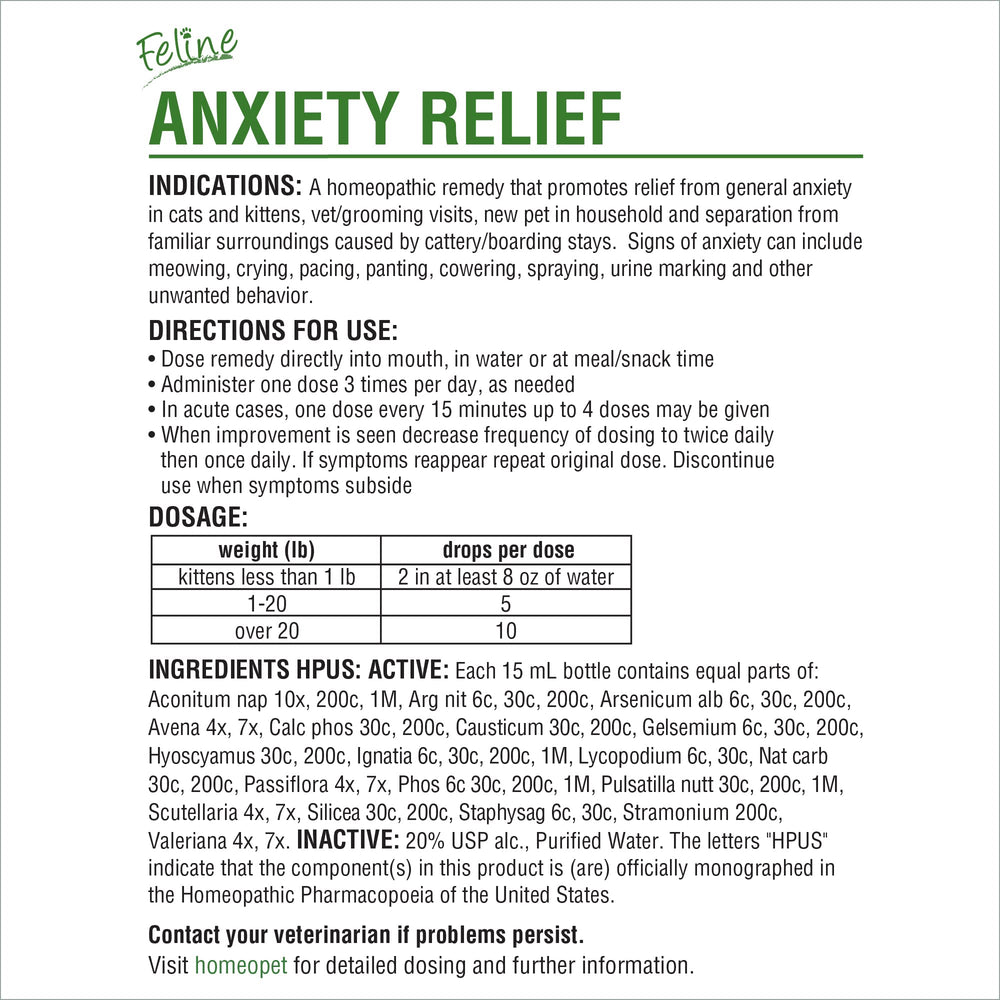 HomeoPet Feline Anxiety Relief packaging highlights safe, natural ingredients.
