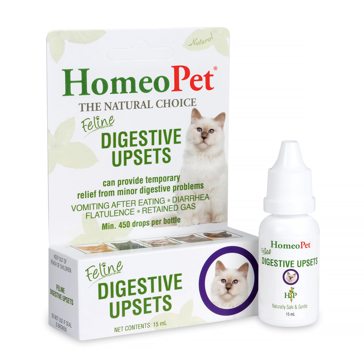 HomeoPet Feline Digestive Upsets bottle demonstrates gentle, natural cat digestion support.
