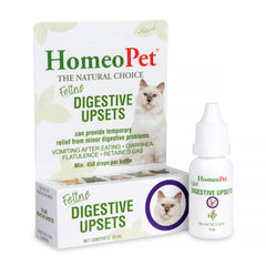 HomeoPet Feline Digestive Upsets bottle demonstrates gentle, natural cat digestion support.