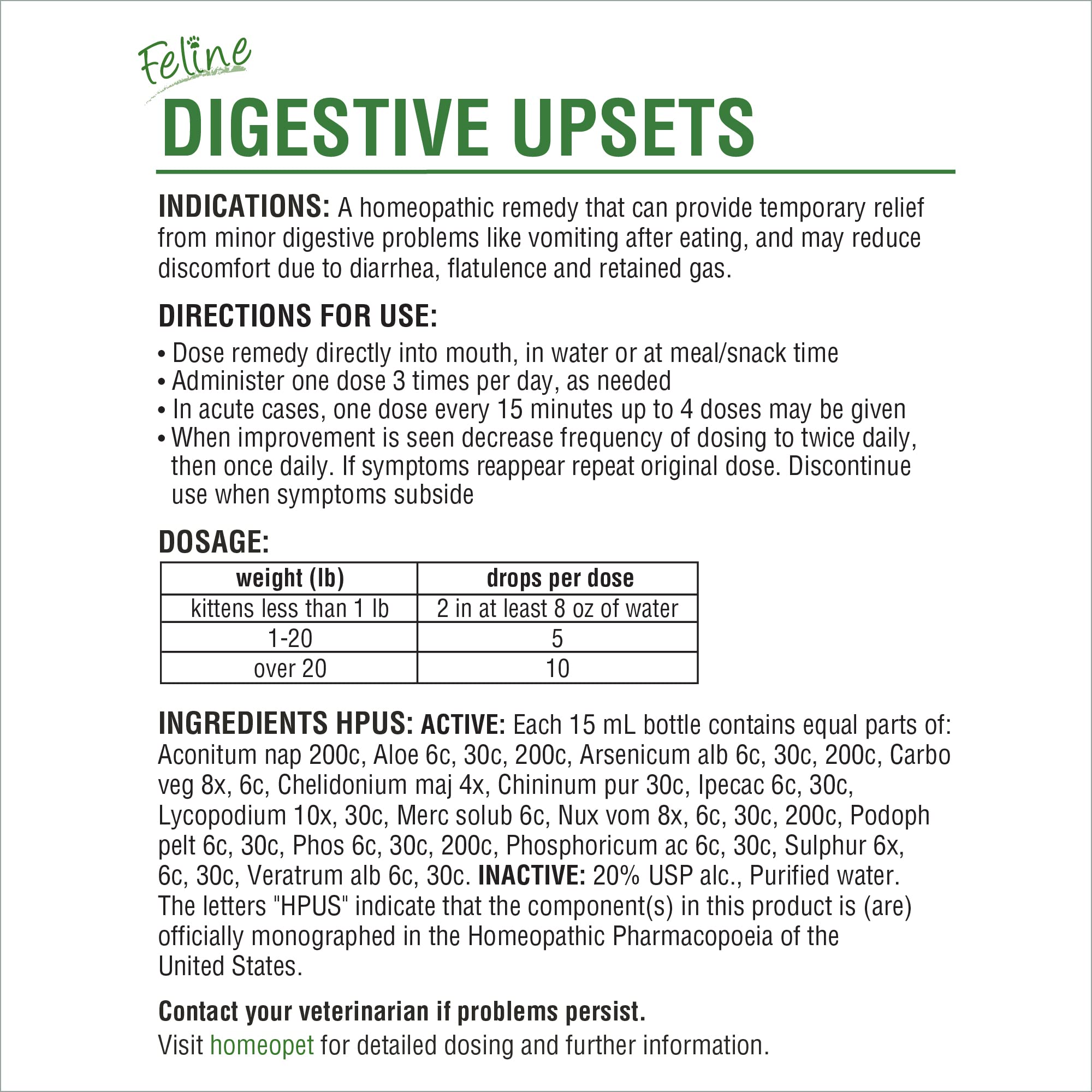 HomeoPet Feline Digestive Upsets bottle label highlights natural ingredients.