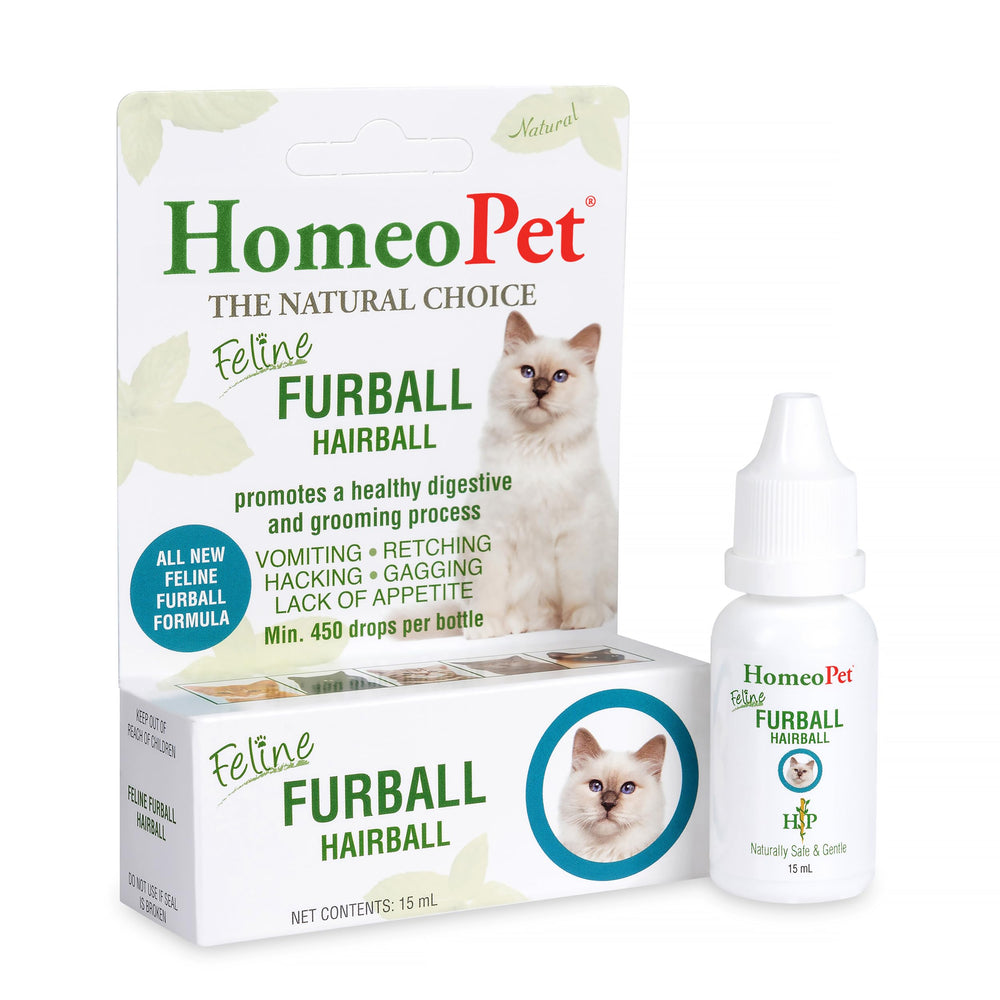 HomeoPet Feline Furball bottle for natural hairball relief during grooming.