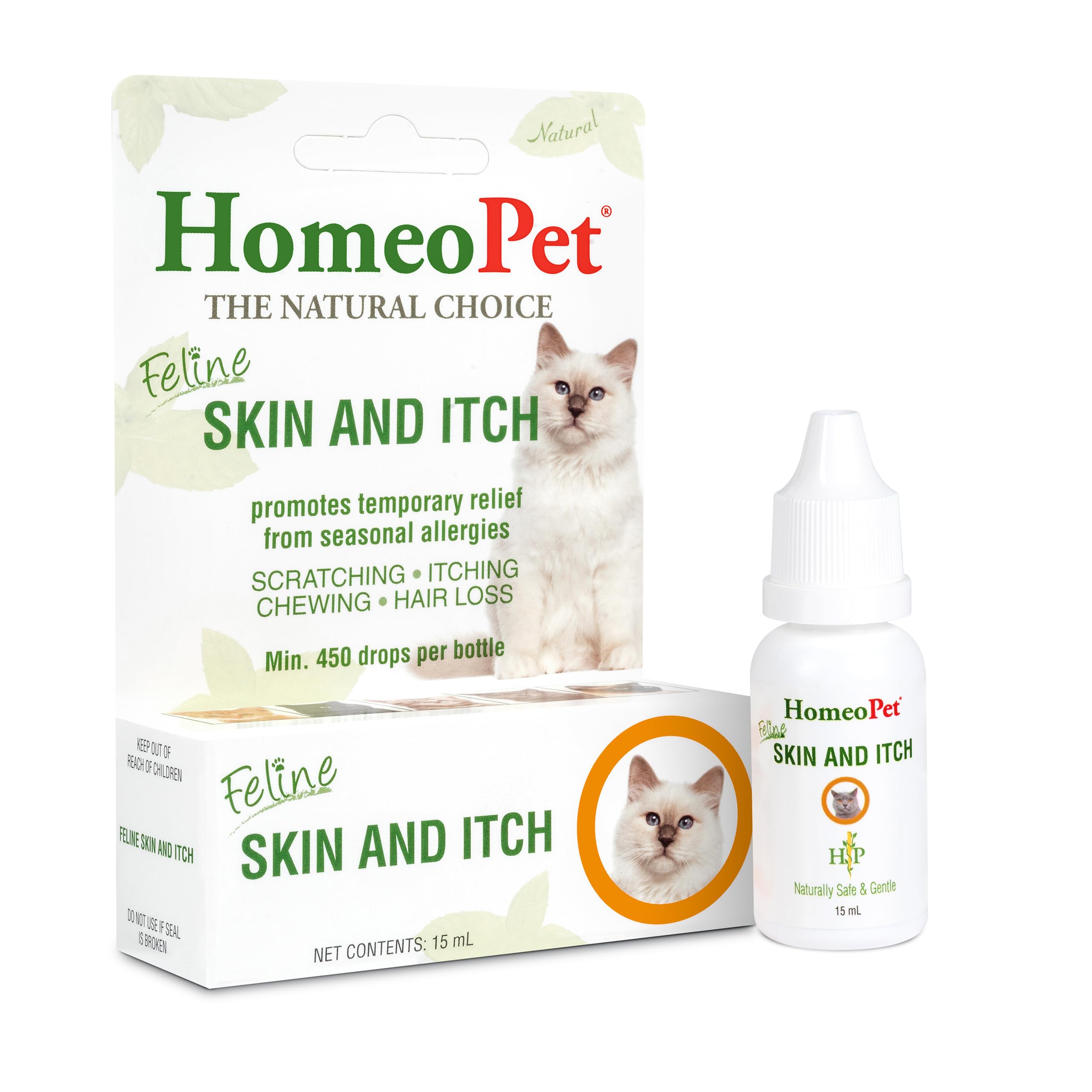 HomeoPet Feline Skin and Itch bottle with drops for gentle relief.