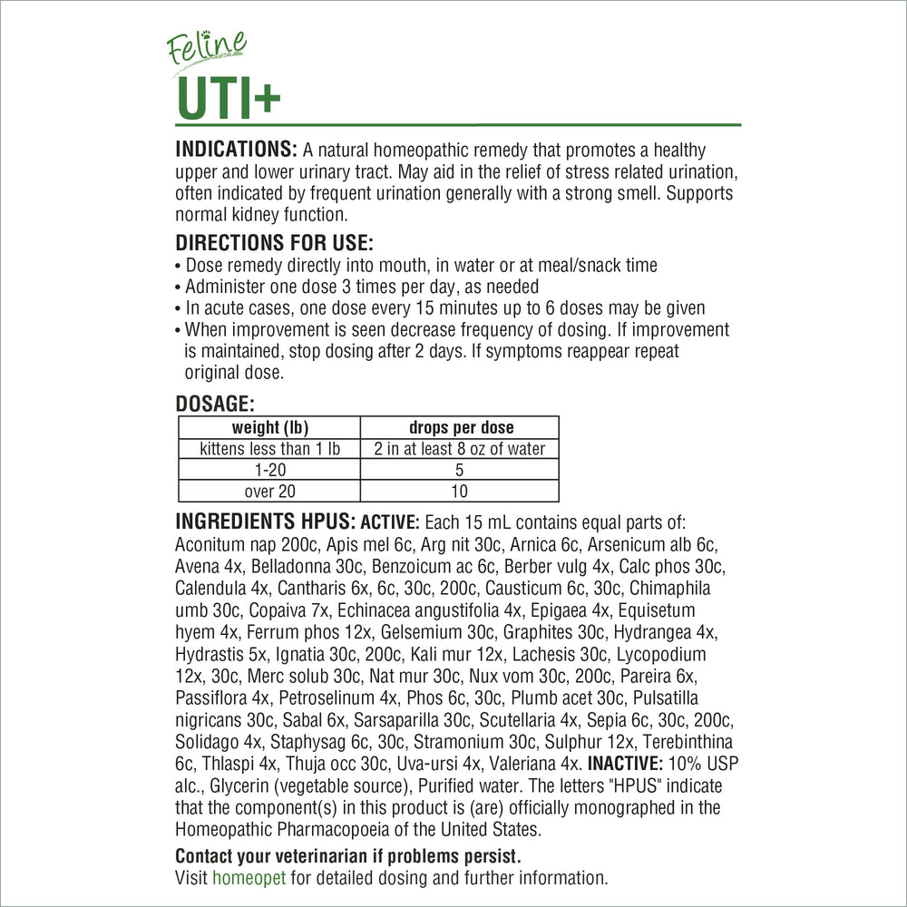 HomeoPet Feline UTI Plus dosing 3x daily—flexible schedule for ongoing support.